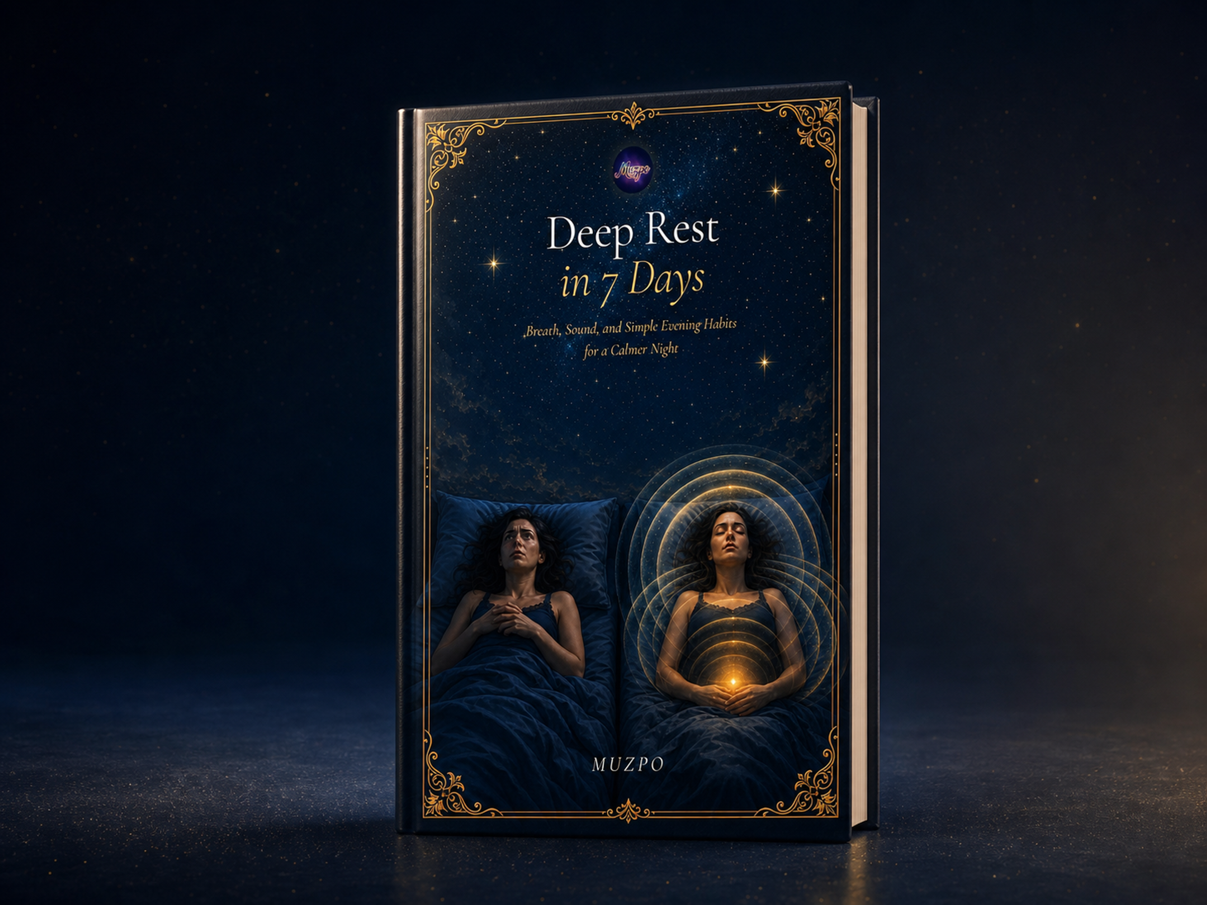 Deep Rest in 7 Days book mockup showing a restless night becoming a calmer one